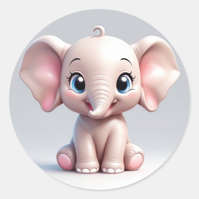 Baby Elephant mit blütigen Wangen, Kawaii Runder Aufkleber (Vorderseite)