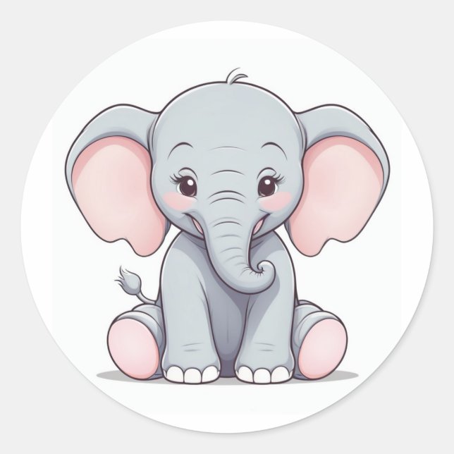 Baby Elephant mit blütigen Wangen, Kawaii Runder Aufkleber (Vorderseite)