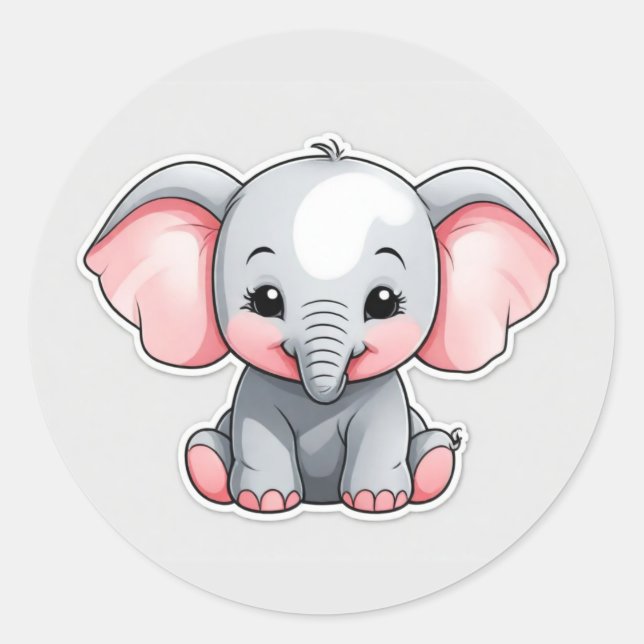 Baby Elephant mit blütigen Wangen, Kawaii Runder Aufkleber (Vorderseite)