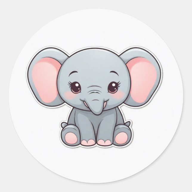 Baby Elephant mit blütigen Wangen, Kawaii Runder Aufkleber (Vorderseite)