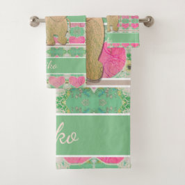 Baby Elephant mit Herz/Rosa und Grün Badhandtuch Set