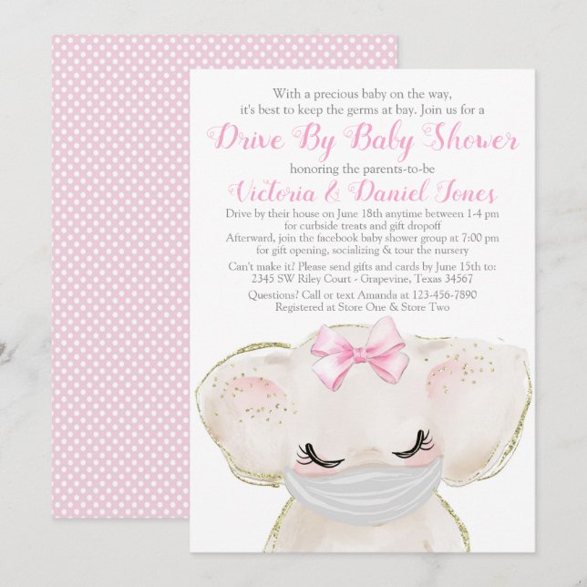 Baby Elephant mit Maskenantrieb mit Babydusche Einladung (Vorne/Hinten)