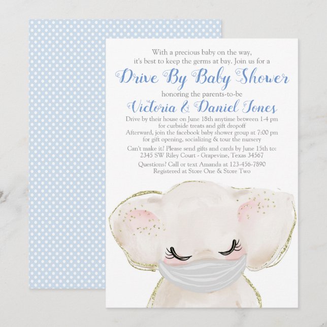 Baby Elephant mit Maskenantrieb mit Babydusche Einladung (Vorne/Hinten)