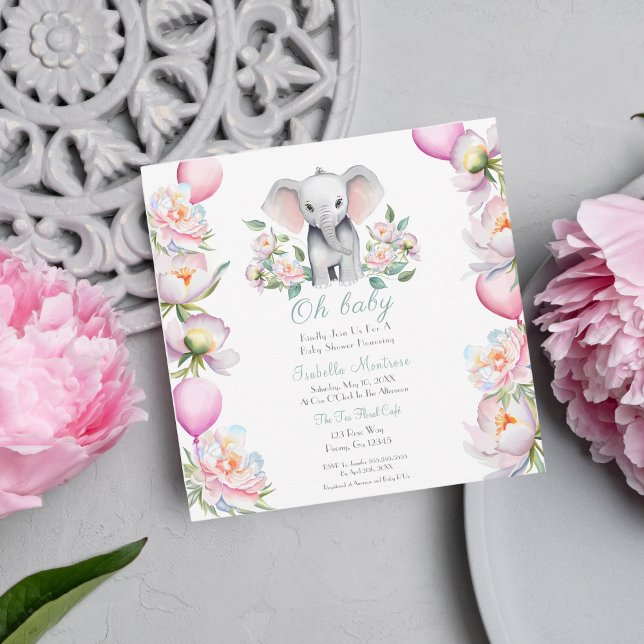 Baby Elephant mit Peonies & Balloons Babydusche Einladung (This invitation also comes in this design with full coordinating party decorations.)