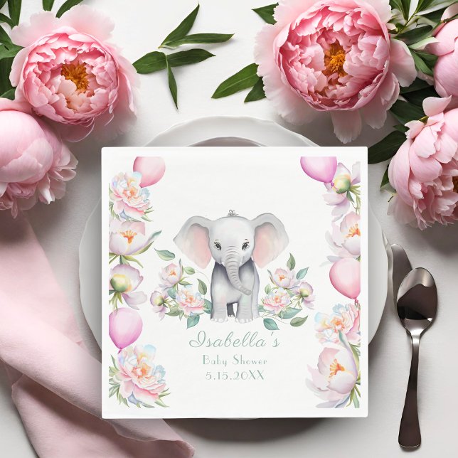 Baby Elephant mit Peonies & Balloons Babydusche Serviette (Add whimsy and charm to your baby shower with these delightful napkins!)