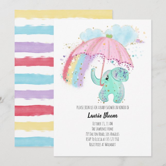 Baby Elephant mit Rainbow Baby Shower Einladung (Vorne/Hinten)