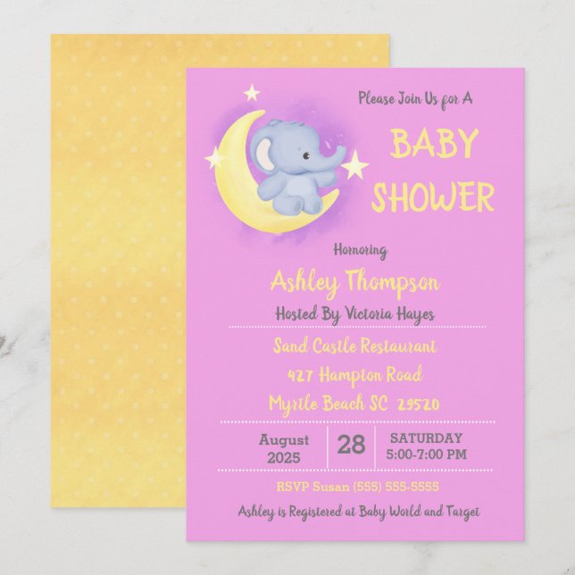 Baby Elephant Moon and Stars Baby Dusche Einladung (Vorne/Hinten)