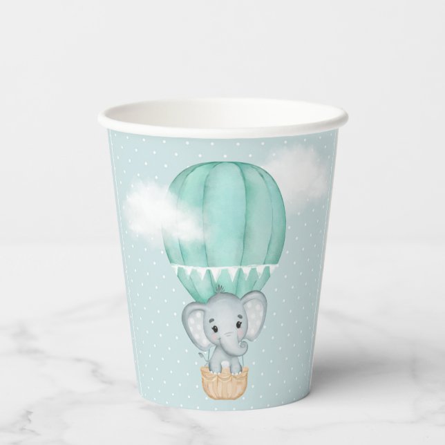 Baby Elephant Pale Green Hot Air Ballon Dusche Pappbecher (Rückseite)