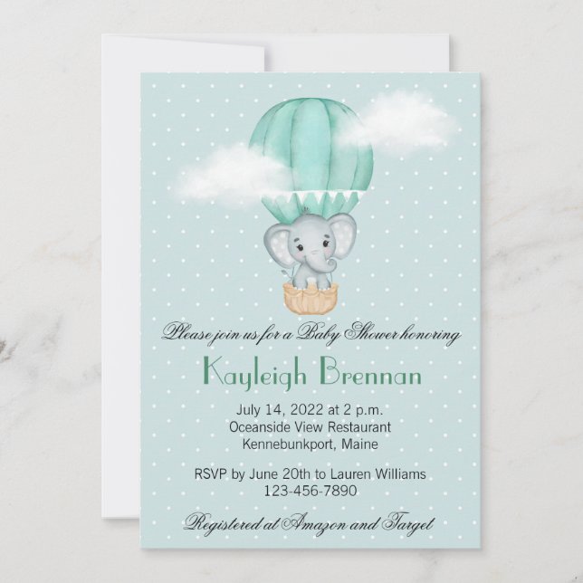 Baby Elephant Pale Green Hot Air Ballon Einladung (Vorderseite)