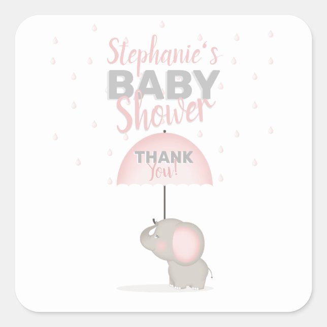 Baby Elephant Pink Baby Dusche Quadratischer Aufkleber (Vorderseite)