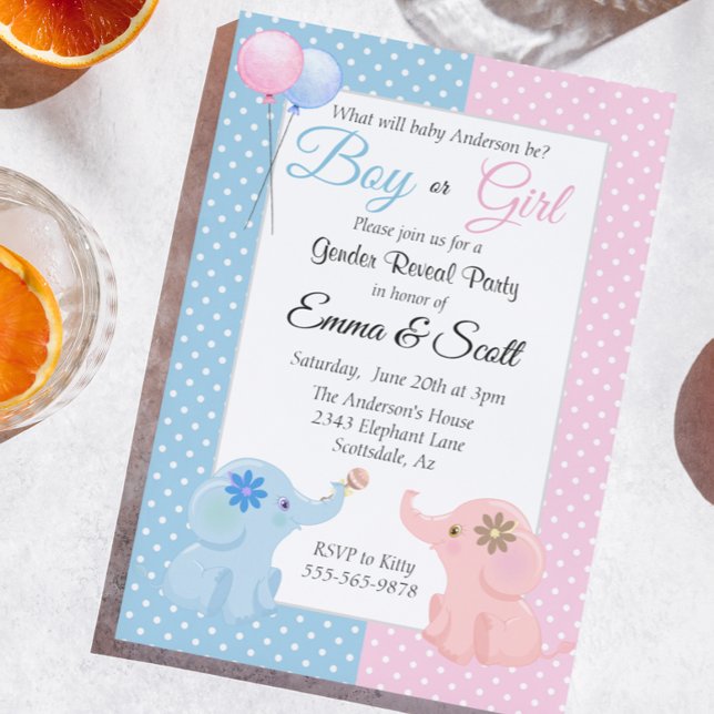 Baby Elephant Pink Blue Gender Reveal Party Einladung (Von Creator hochgeladen)