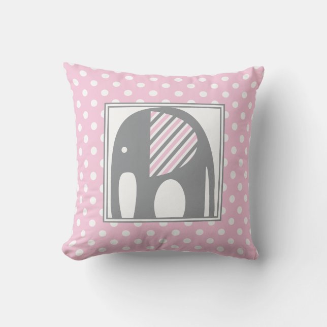 Baby Elephant | Pink & Gray Polka Dosen Streifen Kissen (Vorderseite)