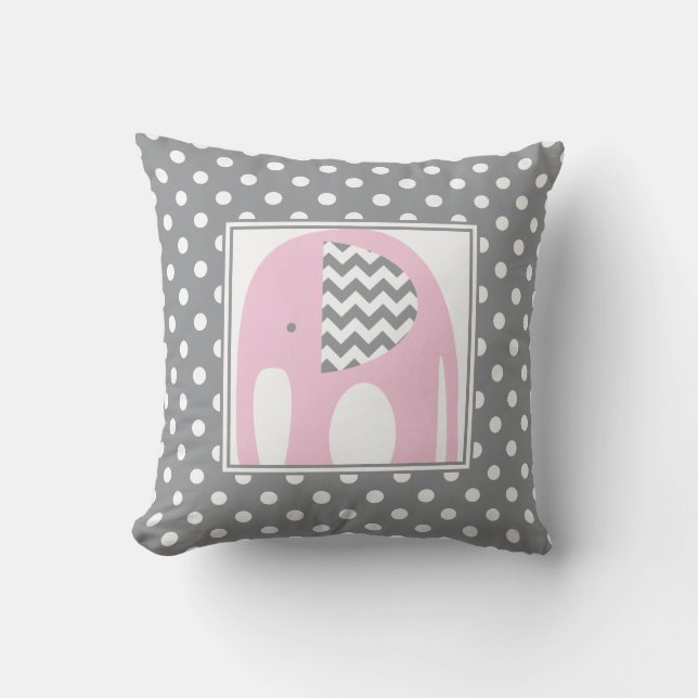 Baby Elephant | Pink & Gray Zickzack Polka Dots Kissen (Vorderseite)