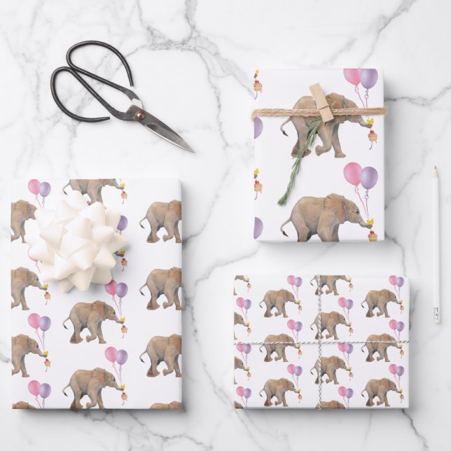 Baby Elephant pink & violet balloon Set x3 Geschenkpapier Set (Vorderseite)