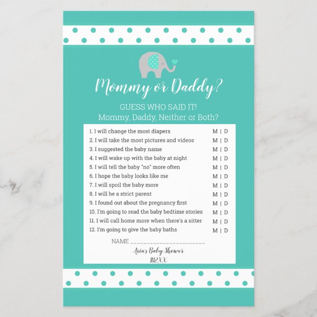 Baby Elephant Polka Dots Mommy oder Daddy Game Flyer (Vorne)