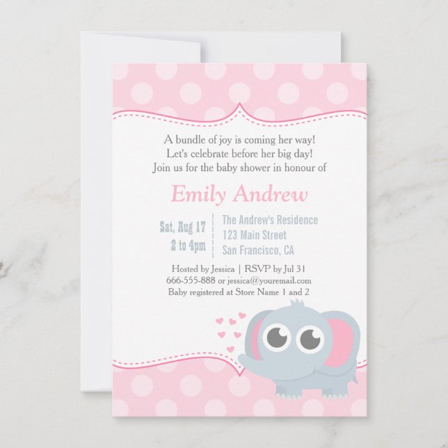 Baby Elephant Polka Dots Pink Baby Dusche Einladung (Vorderseite)