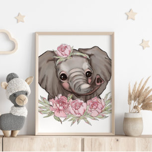 Baby Elephant Rose Animal Poster   Wall Print