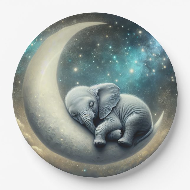 Baby Elephant schläft auf dem Halbmond Pappteller (Vorderseite)