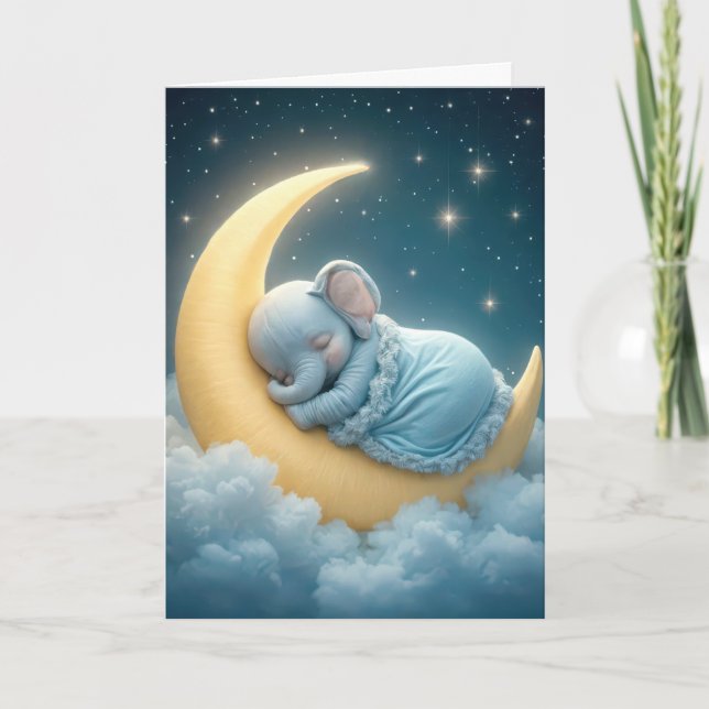 Baby Elephant schläft auf einem Halbmond Karte (Vorderseite)