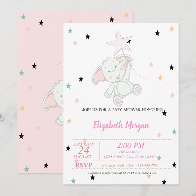 Baby Elephant, Stars Baby Dusche Einladung (Vorne/Hinten)