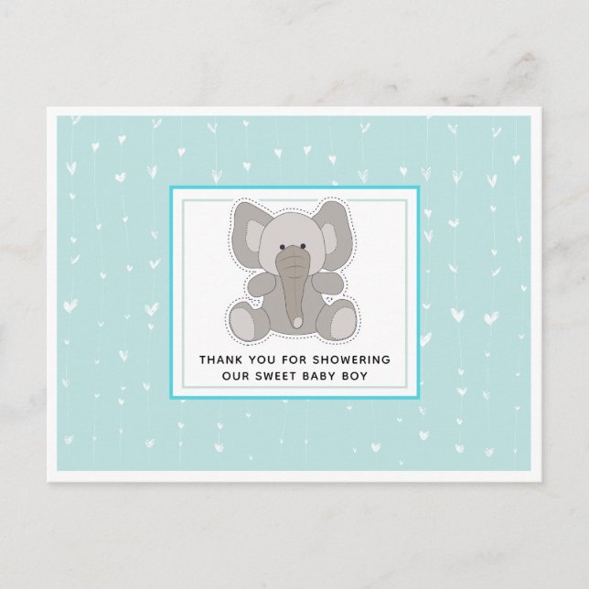 Baby Elephant String Hearts Baby Dusche Vielen Dan Postkarte (Vorderseite)