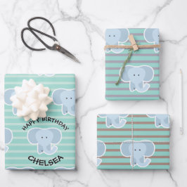 Baby Elephant Stripes Happy Birthday Set of Geschenkpapier Set