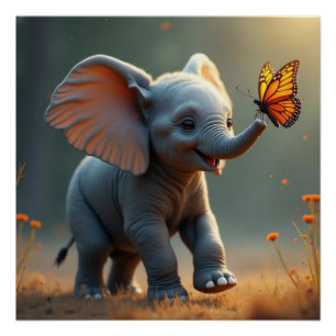 Baby Elephant sucht ein schmetterlingsglänzendes P Poster