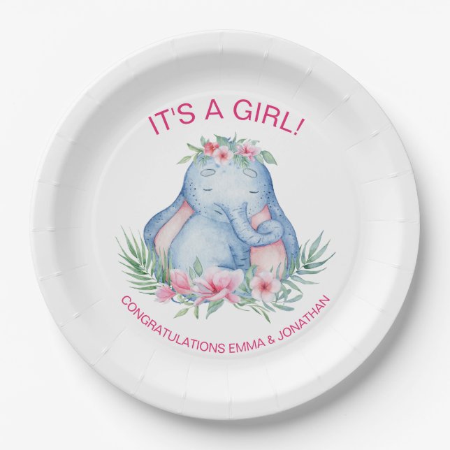 Baby Elephant Tropical Blume Babydusche Pappteller (Vorderseite)