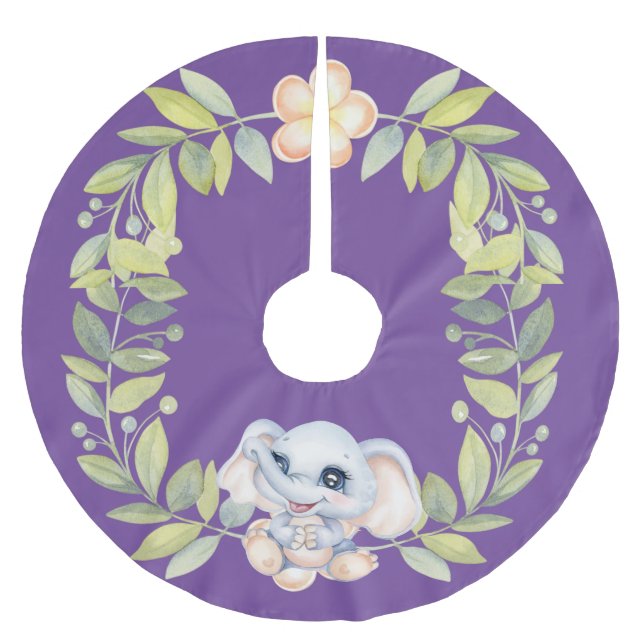 Baby Elephant Tropical Blume Kreath Lila Polyester Weihnachtsbaumdecke (Vorderseite)