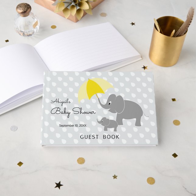 Baby Elephant Umbrella Gender Neutral Baby Dusche Gästebuch (Vorderseite Offen)