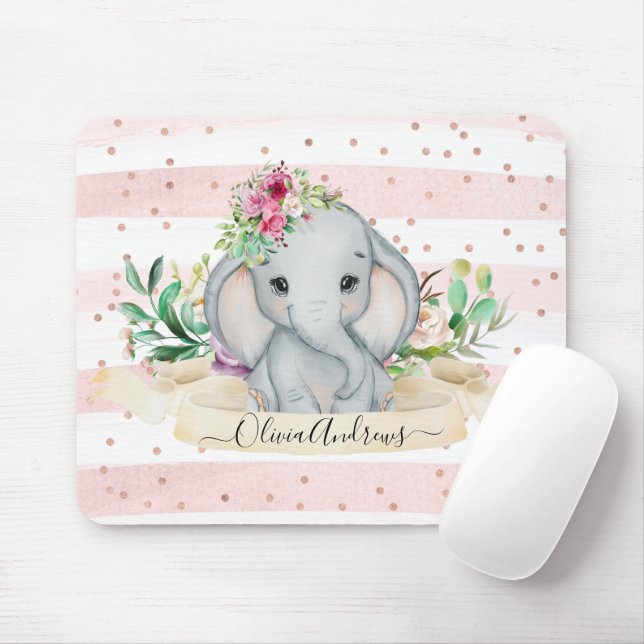 Baby Elephant und Blume Niedliche Wasserfarbe Zeic Mousepad (Mit Mouse)