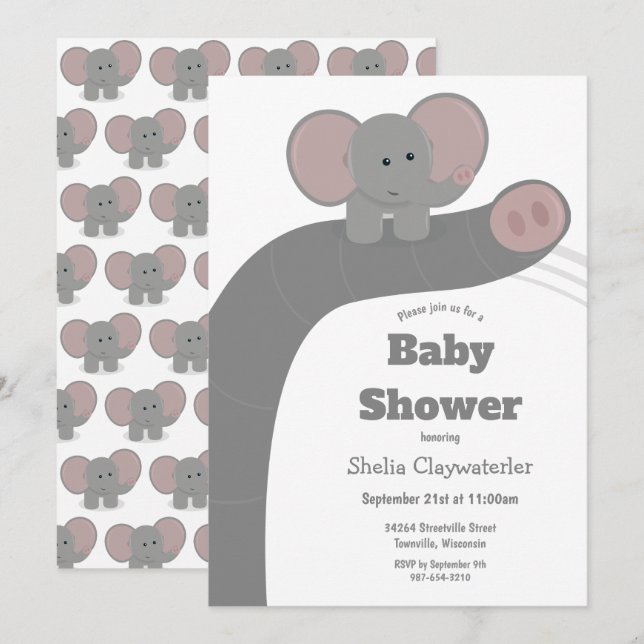 Baby Elephant und Trunk | Einladung der Babydusche (Vorne/Hinten)