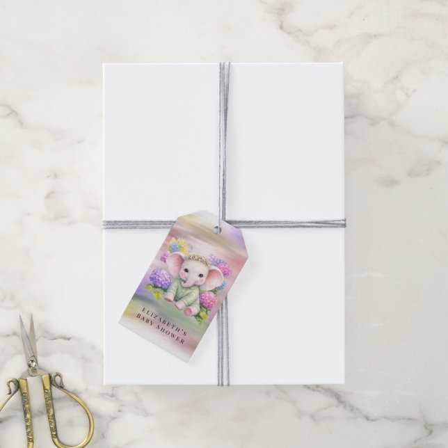 Baby Elephant with Hydrangeas Baby Shower Geschenkanhänger (Mit Garn)