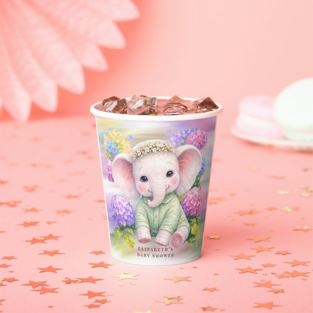 Baby Elephant with Hydrangeas Baby Shower  Pappbecher (Insitu)