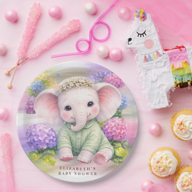 Baby Elephant with Hydrangeas Baby Shower  Pappteller (Party)