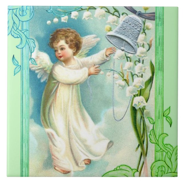 Baby Engel mit blauer Glocke Fliese (Vorderseite)