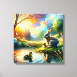 Baby Enten Baby Bunny in Pastellteich und Landscha Leinwanddruck