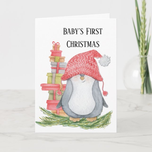 Baby Erste Weihnachten mit Pinguin und Geschenke Karte (Vorderseite)