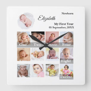 Baby Erstes Jahr 12 Monate Fotocollage Meilenstein Quadratische Wanduhr