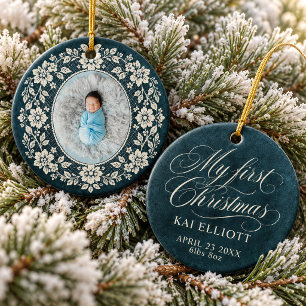 Baby erstes Weihnachten Creme Spitze Navy Blau Keramik Ornament