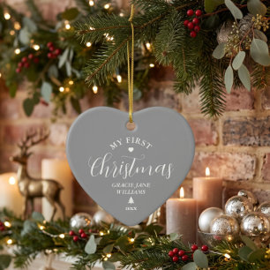 Baby erstes Weihnachten Grau personalisierte Namen Keramik Ornament