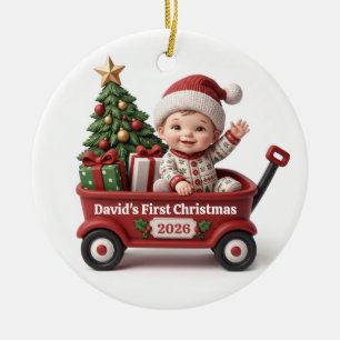 Baby erstes Weihnachten roter Wagen personalisierb Keramik Ornament