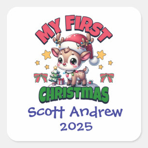 Baby erstes Weihnachten Santa Rentier Personalisie Quadratischer Aufkleber