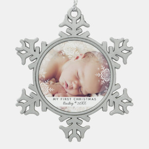 Baby erstes Weihnachten weißer Silberglitter Schneeflocken Zinn-Ornament