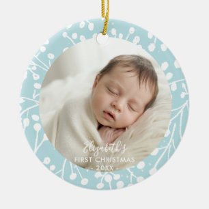 Baby erstes Weihnachten Winter Botanik Beeren Blau Keramik Ornament