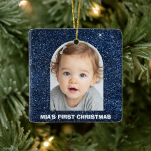 Baby erstes Weihnachtsfoto blau glänzender Christb Keramikornament