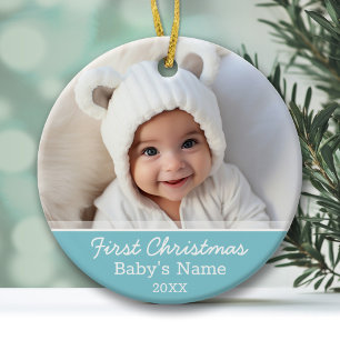 Baby Erstes Weihnachtsfoto - Blaues Jungen Hinterg Keramik Ornament