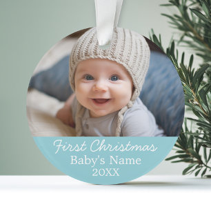 Baby Erstes Weihnachtsfoto - Blaues Jungen Hinterg Ornament
