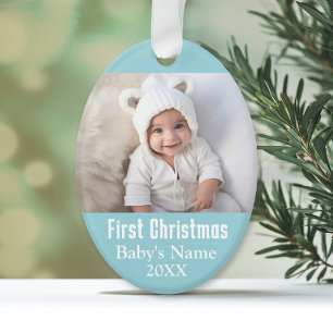 Baby Erstes Weihnachtsfoto - Blaues Jungen Hinterg Ornament