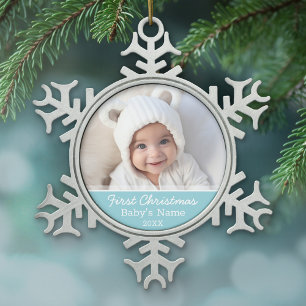Baby Erstes Weihnachtsfoto - Blaues Jungen Hinterg Schneeflocken Zinn-Ornament